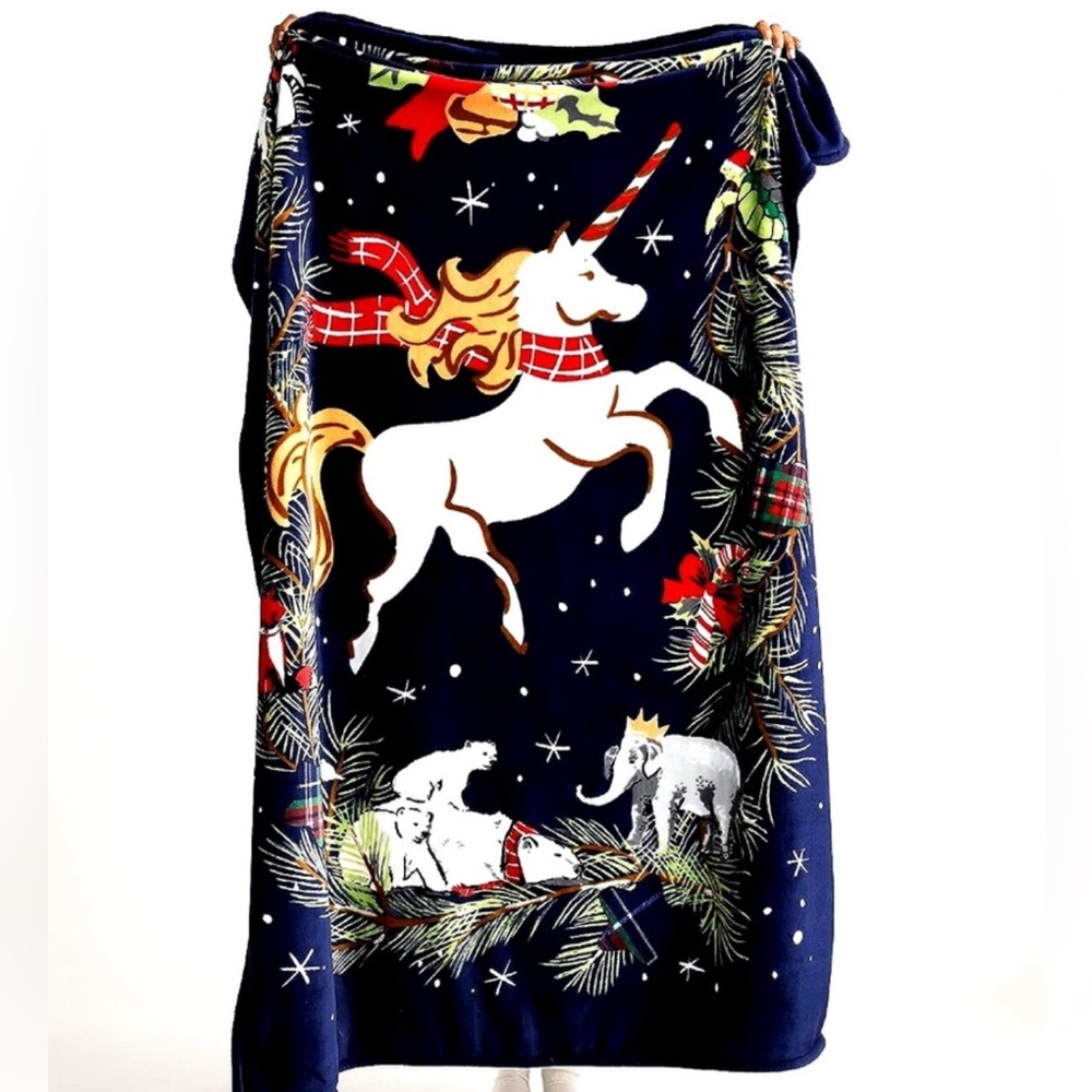 Vera Bradley Unicorn Holiday Plush Throw Blanket, Navy/Multi, NWT